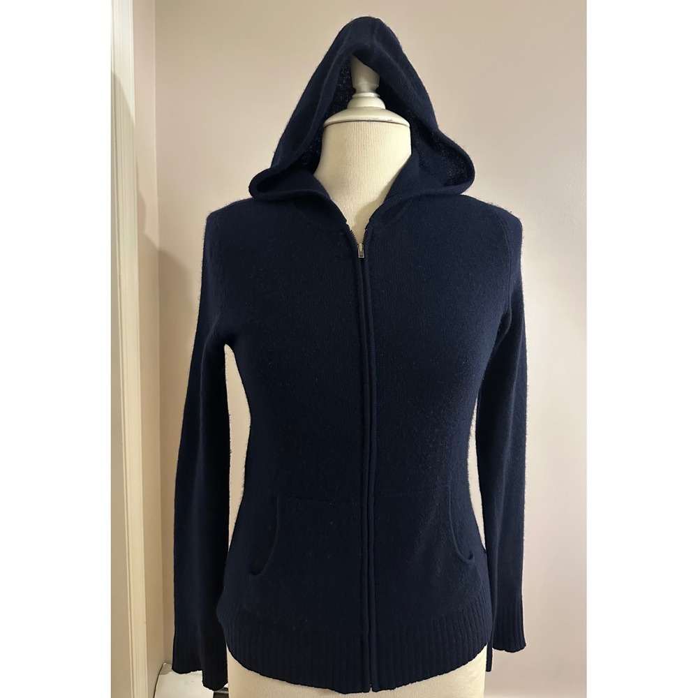 Christopher Fischer Navy Blue 100% Cashmere Full Zip Hoodie Sweater Womens M